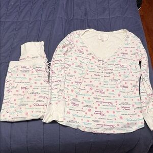 Victoria's Secret White Kids Pajama Top with Pink and Teal Logo Print